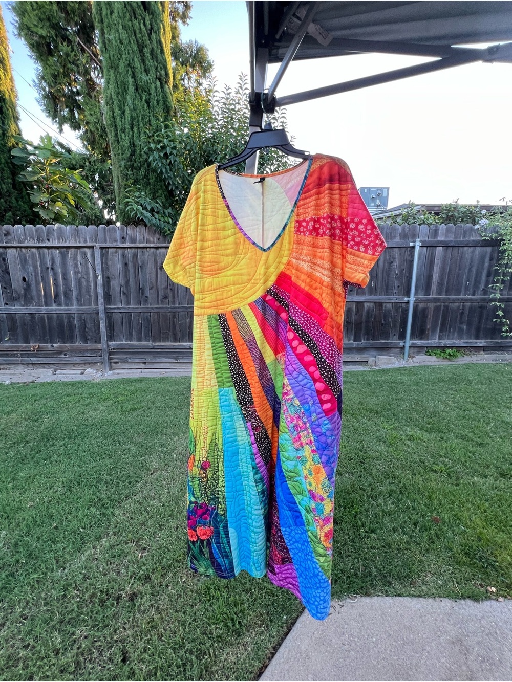 V-Neck Multicolor Patchwork Maxi Dress - Bright Rainbow